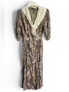 VTG 80s 90s Floral V-Neck Midi Dress size 5/6 eyelet retro cottagecore prairie